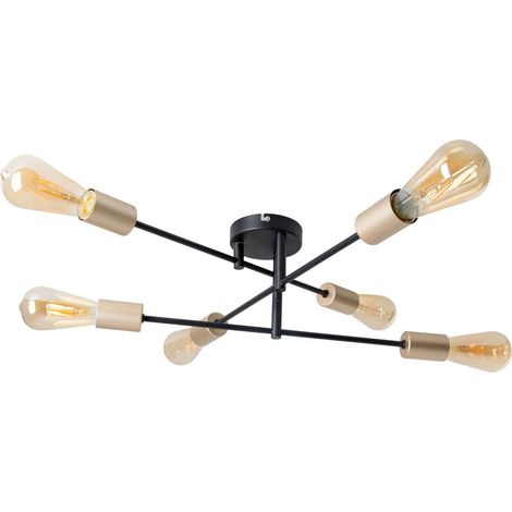 Plafonnier 6 Lumières en Métal Noir Mat et Doré, Lustre Design E27 pour Salon et Bureau Ø 54,5 cm - PANGIVO (1/5)