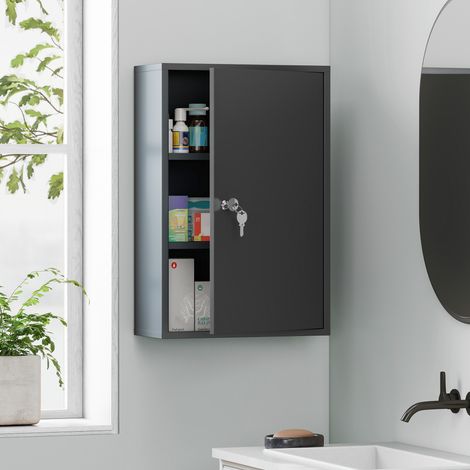 Armoire à pharmacie murale, meuble de salle de bain avec 3 étagères, 2 clés, 40 x 18 x 60 cm, grise