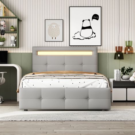 Lit rembourré LED 90 x 200 cm avec 2 tiroirs, sommier à lattes et tête de lit réglable, structure en bois et tissu- gris (1/5)