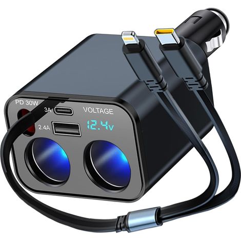 Répartiteur allume-cigare rétractable - 2 prises - Chargeur UAB C - 12 V - 24 V - Adaptateur USB - Prise 159 W - Adaptateur de prise - Chargeur rapide pour téléphone portable, GPS, caméra embarquée (1/5)