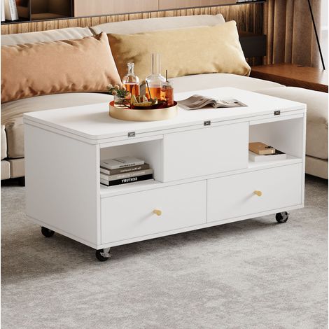 Höhenverstellbarer Couchtisch 100 x 50 x 47,5 cm, mit 4 Schubladen, Klappplatte, weiß HAVRYA (1/5)
