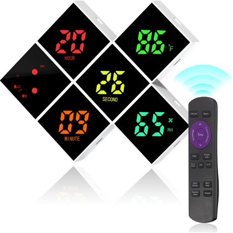Horloge murale LED modulaire DIY avec télécommande, affichage date température humidité, 32 couleurs, alarme, contrôle vocal, design minimaliste blanc (1/5)