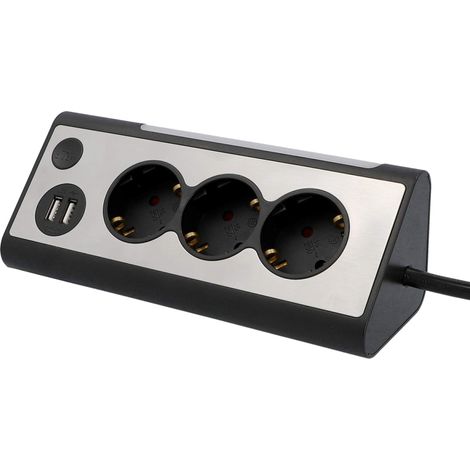 Unitec 30884 Ciabatta elettrica angolare 2 Ricarica USB 3 Prese Illuminazione a LED Interruttore Touch Frontale in Acciaio Inox, Nero, Argento (1/5)