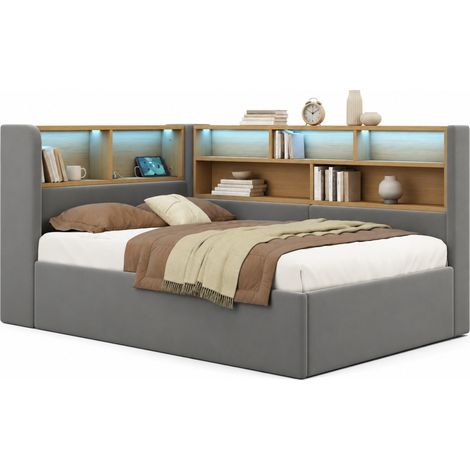 CHICFURN Cama canapé 90x200 cm de terciopelo gris, hidráulica, LED y USB, sin colchón (1/5)