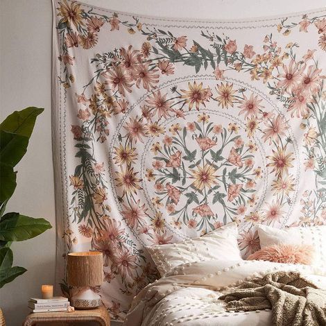 Tapisserie murale beige bohémienne Mandala Médaillon à fleurs Tapisserie hippie avec couronne blanche esthétique Décoration murale psychédélique hip (1/5)