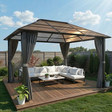 Tonnelle de Jardin Extérieur 3x4m en Aluminium Robuste et Imperméable ｜ avec Parois Latérales ｜ Toit Transparent Anti-UV ｜ Pergola pour Cour, Jardin, Terrasse et Plus Encore, Gris