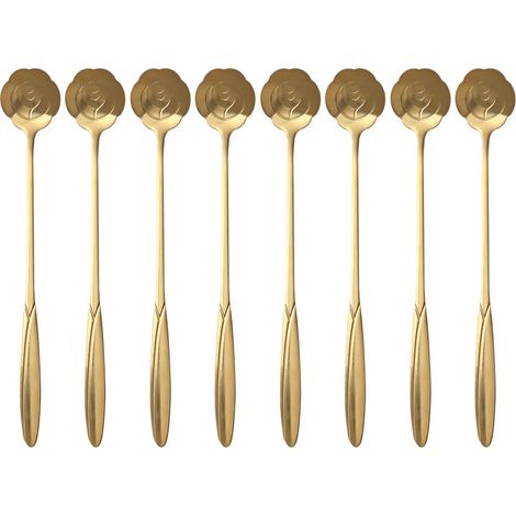 Juego de 8 cucharas de postre, acero inoxidable, forma floral, color rosa sakura, para el hogar, la oficina o la cafetería. (1/5)