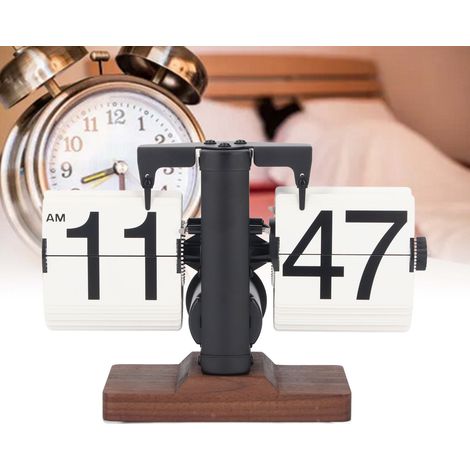 Reloj de mesa retro con movimiento automático de 12 horas y función de paso de página, base de madera, marco negro y esfera blanca, mecánico y electrónico. (1/5)