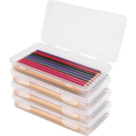 Caja apilable de 4 piezas para guardar bolígrafos, caja de almacenamiento de plástico  Caja de almacenamiento con tapa, almacenamiento con clip, para material de oficina, manualidades, escuela y hogar (1/5)