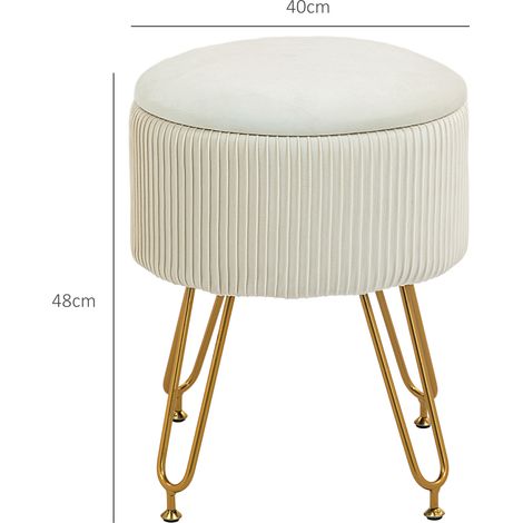 Banc de rangement capitonné 2-en-1, banquette coffre en velours côtelé avec couvercle, pour entrée, chambre ou salon, piètement acier robuste, dimensions Ø40 x 48 cm, teinte ivoire (1/5)