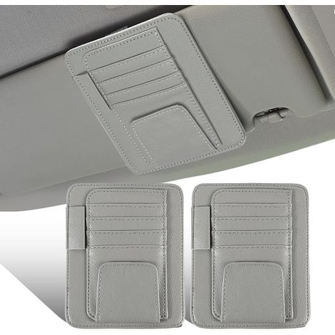 Lot de 2 organiseurs pour pare-soleil de voiture, support multifonctionnel en cuir pour lunettes de soleil et visière, clip de rangement pour lunettes de soleil et cartes (gris) (1/5)