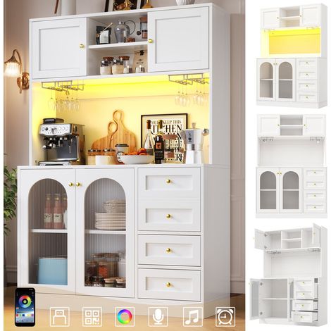 Buffet multifonction 120x40x188 cm, meuble de rangement avec LED intégrée et porte-gobelets – Armoire de cuisine 4 portes – Sideboard Pour cuisine, salon ou salle à manger