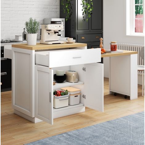 Kücheninsel 188x55x92 cm aus weißem MDF, ausziehbarer Tisch, Stauraum – MEUBLIV (1/5)