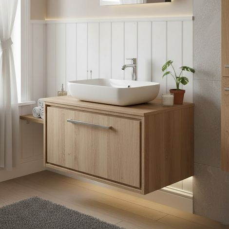 Hudson Reed Lille Wall Hung 1-Drawer Vanity Unit with Worktop 800mm Wide - Bleached Oak