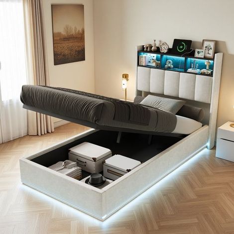 Cama Cofre Simple 90x200 con Almacenamiento, Iluminación LED RGB y Cabecera Tapizada en Terciopelo Blanco - Diseño Moderno y Minimalista