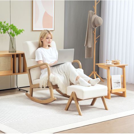 Sillón mecedora con reposapiés de poliéster blanco crema, patas de madera, 65 x 96 x 94,5 cm (1/5)