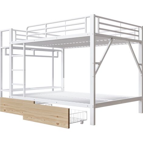 Litera 140 x 200 cm de metal y MDF blanca con 2 cajones y tira LED (1/5)