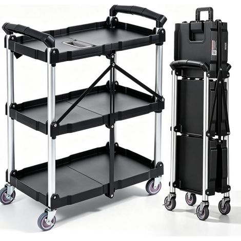 Chariot de Service Pliable 3 Niveaux Charge 74,8 kg Desserte Roulante avec Freins en PP pour Garage Atelier (1/5)