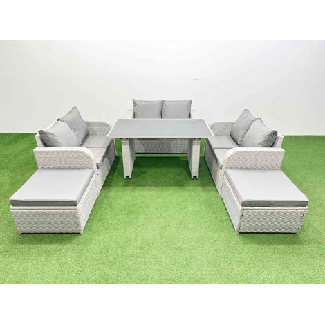 Fimous 8 Seater Patio Garden Furniture Sets with Black Glass Top Dining Table Love Sofa 2 Big Stool Light Grey (1/4)