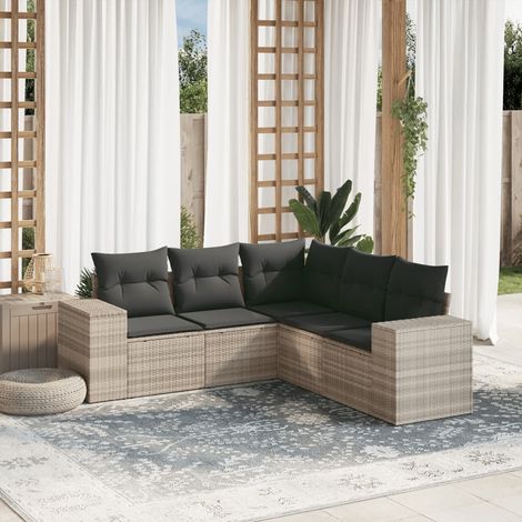 Set de salon de jardin 5 places en résine tressée gris clair avec coffre rangement et coussins amovibles (1/3)