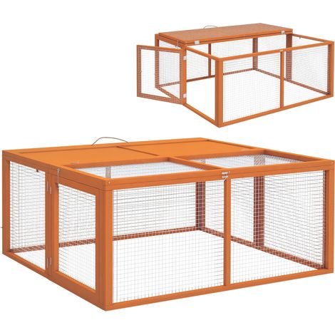 Conigliera esterna pieghevole per 2-3 roditori, multiple entrate, legno e acciaio, 110x105x50 cm, arancione