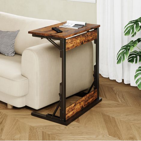 Mesa auxiliar en C 60x37x71 cm marrón rústico de metal y tablero de partículas plegable con pies ajustables (1/5)