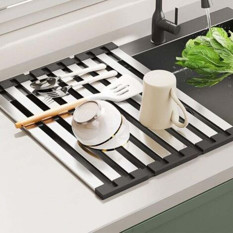 Pair Égouttoir à vaisselle, égouttoir à vaisselle en acier inoxydable, égouttoir de cuisine pliable, résistant à la chaleur pour tasses, fruits et légumes (1/4)