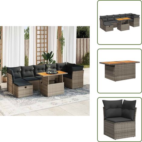 The Living Store 8-tlg. Garten-Sofagarnitur mit Kissen Grau Poly Rattan Akazie - Gartentisch (1/5)