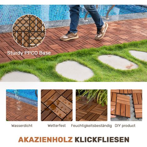 22PCS Dalles de Terrasse Emboîtables en Bois d'Acacia, Motif Damier, 30x30 cm, Carré Brun, Parquet Extérieur en Acacia Dur, pour Patio, Balcon, Piscine (1/5)