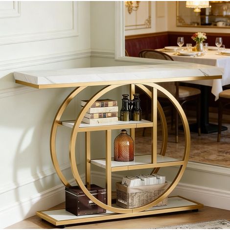 Table console 105x30x80 cm blanc et doré, 4 niveaux de rangement, structure en métal et bois MEUBLIV (1/5)
