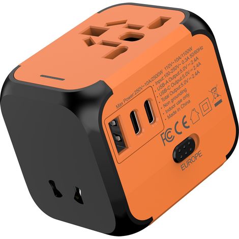 Chargeur de voyage international, adaptateur universel, convertisseur de prise multifonctionnel avec 2 ports Type-C et 1 port USB. (1/3)