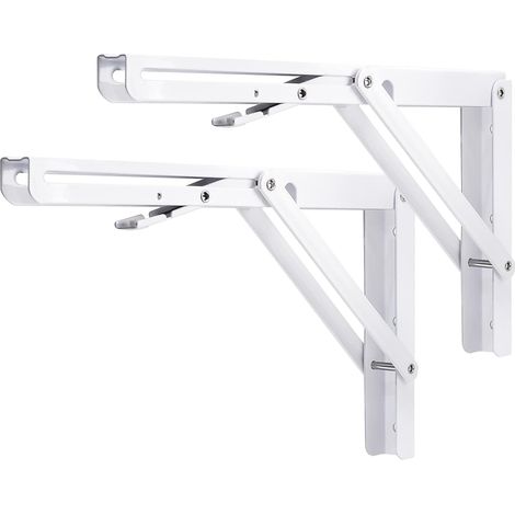Support d' Étagère Pliable 300mm,2 Pièces Équerres Pliantes Charge Lourde Equerre Etagere Murale Blanc Console Rabattable pour Table Garage Cuisine Chambre, Charge Maximale 150kg