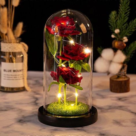 Bouquet de roses artificielles « Amoureux immortels » style simulation, bûche LED en verre, cadeau d'anniversaire, fleurs artificiellespelouse noire (1/5)