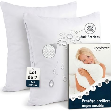 Protège Oreiller Imperméable 45 x 45 cm Lot de 2 avec Fermeture éclair, Respirantes, hypoallergéniques, Anti-acariens, 2 Housses de Coussin Blanches (1/5)