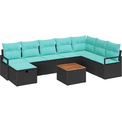 Garden Sofa Set with Cushion 9 pcs Black Poly Rattan vidaXL