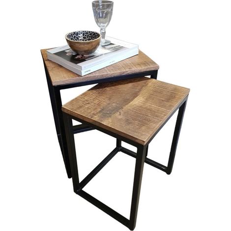 Lot de 2 Tables d'Appoint Gigognes en Bois de Manguier Recyclé et Métal Style Industriel - PANGIVO (1/5)