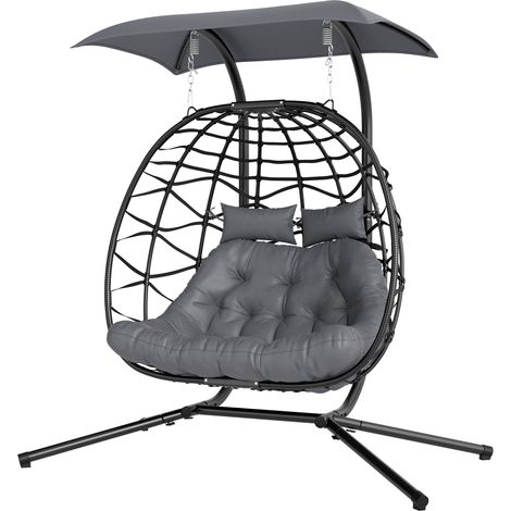 Fauteuil suspendu pliable en osier avec coussin, structure en acier, pare-soleil, charge maximale 260 kg, gris foncé (1/5)