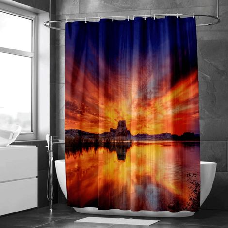 Rideau de douche motif ruisseau et montagnes, polyester imperméable, 90x180 cm (1/5)
