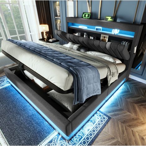 FLORAGRACE Cama tapizada 180x200 cm en lino gris con almacenaje hidráulico, cabecero con USB y Tipo C, LED en cabecero y pie (1/5)
