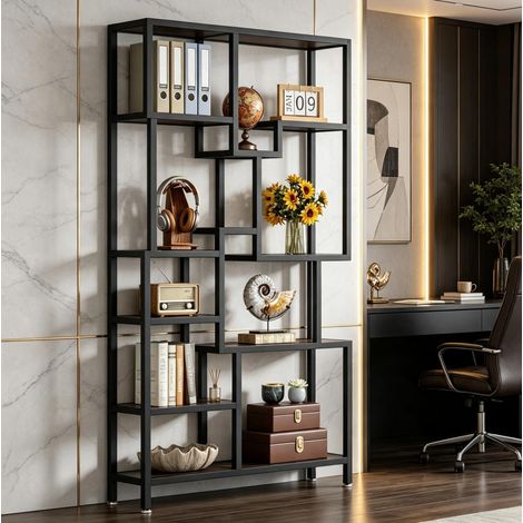 Librería alta de 7 estantes asimétricos de aglomerado y metal, 100x30x180 cm (1/5)