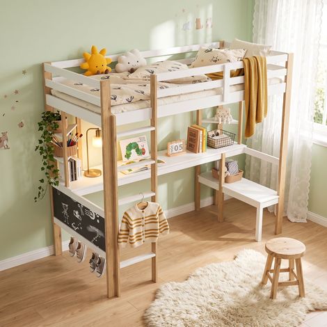 Lit Mezzanine Enfant 90x200 avec Bureau, Compartiment de Rangement, Tableau Noir, lit Enfant, Cadre de lit Mezzanine 1 Place avec sommier à Lattes, Blanc
