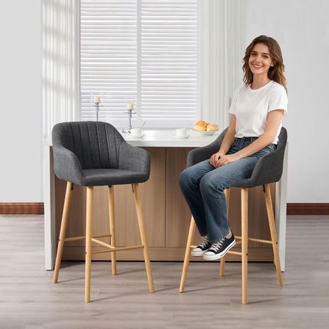 Chaise de Cuisine 2 pièces lin dossier haut accoudoirs siège en lin pieds en bois style européen (1/5)