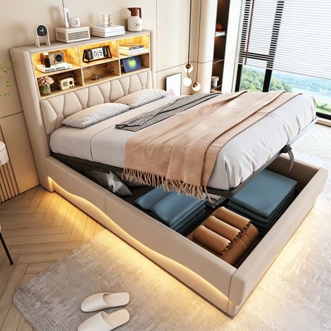 Polsterbett 140x200cm mit APP-LED-Lichtband, USB-Ladeanschluss & hydraulischem Stauraum, Leinen Beige (1/5)
