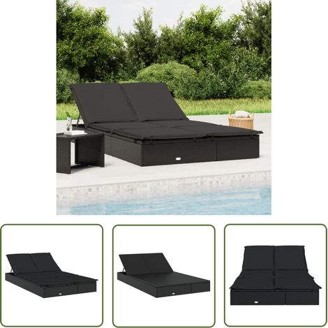 The Living Store Sonnenliege für 2 Personen mit Auflage Schwarz Poly Rattan - Sonnenliege - Gartenmöbel - Outdoor Möbel - Relaxsessel - Lounge Chair (1/5)