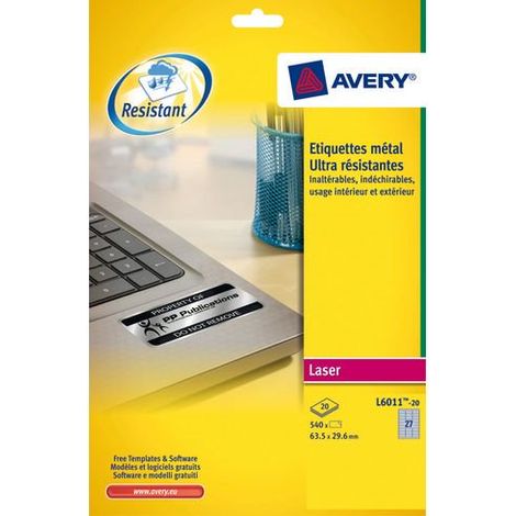 Etiquettes ultra résistantes 63,5 x 29,6 mm Avery L6011-20 - gris métal - Pochette de 540 (1/5)