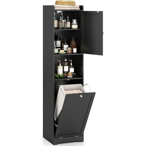 COSTWAY Mobile da Bagno, Armadietto Alto in Legno con Ripiano Regolabile, Cestino per Portabiancheria con Maniglie e Mensola Aperta, 40 × 40 × 170 cm, per Bagno e Cucina (Nero) (1/5)