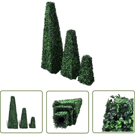 The Living Store Buchsbaum-Set 3 tlg. Künstlich Formschnitt Pyramide - Formschnitt-Buchsbaum - Kunstpflanzen - Grün - Dekorative Pflanzen - Gartenplastik (1/4)