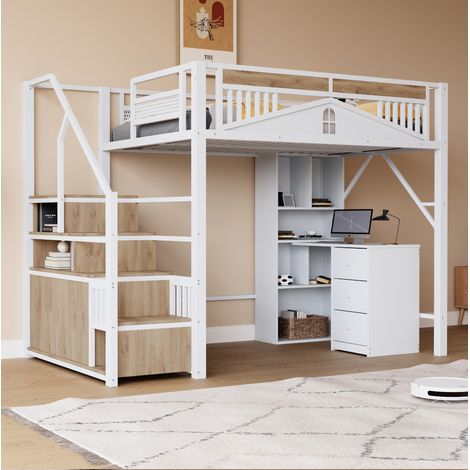 Lit mezzanine 140x200 avec rangement métal bois blanc HAVRYA (1/5)