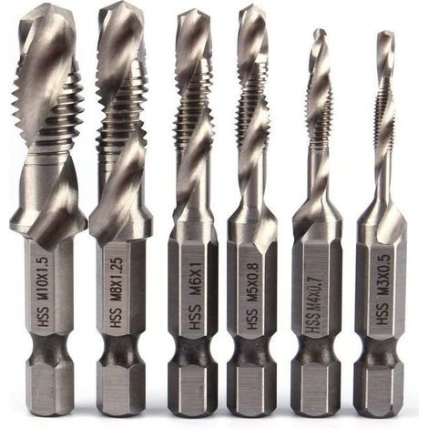 6pcs HSS Jeu de Foret Mèche à 1/4" Tige Hexagonale Set Robinet de Foreuse de Combinaison HSS Bit M3-M10 Filetage Métrique Drill Pour Bois fer Aluminium Argent (1/5)