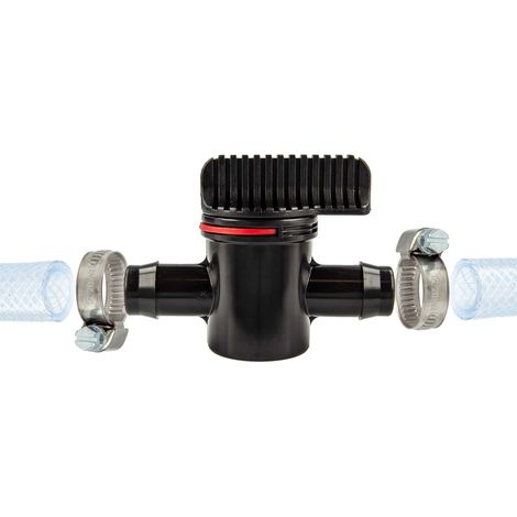 tecuro Schlauchverbinder mit Absperrhahn Ø 18 mm, mit Edelstahlschlauchschellen - Nylon schwarz (1/4)